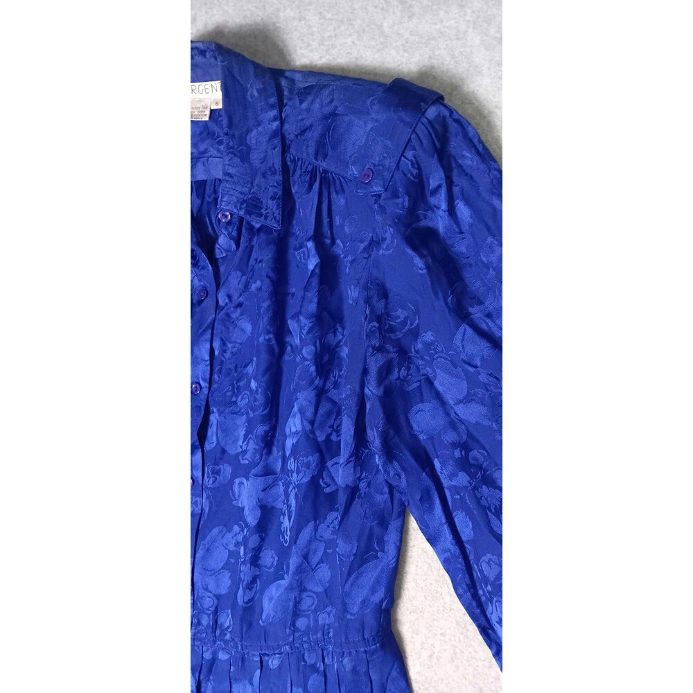 VTG Argenti 100% Silk Dress Blue Jacquard Pleated Long Sleeve Midi Dress 8 Retro - Picture 4 of 12